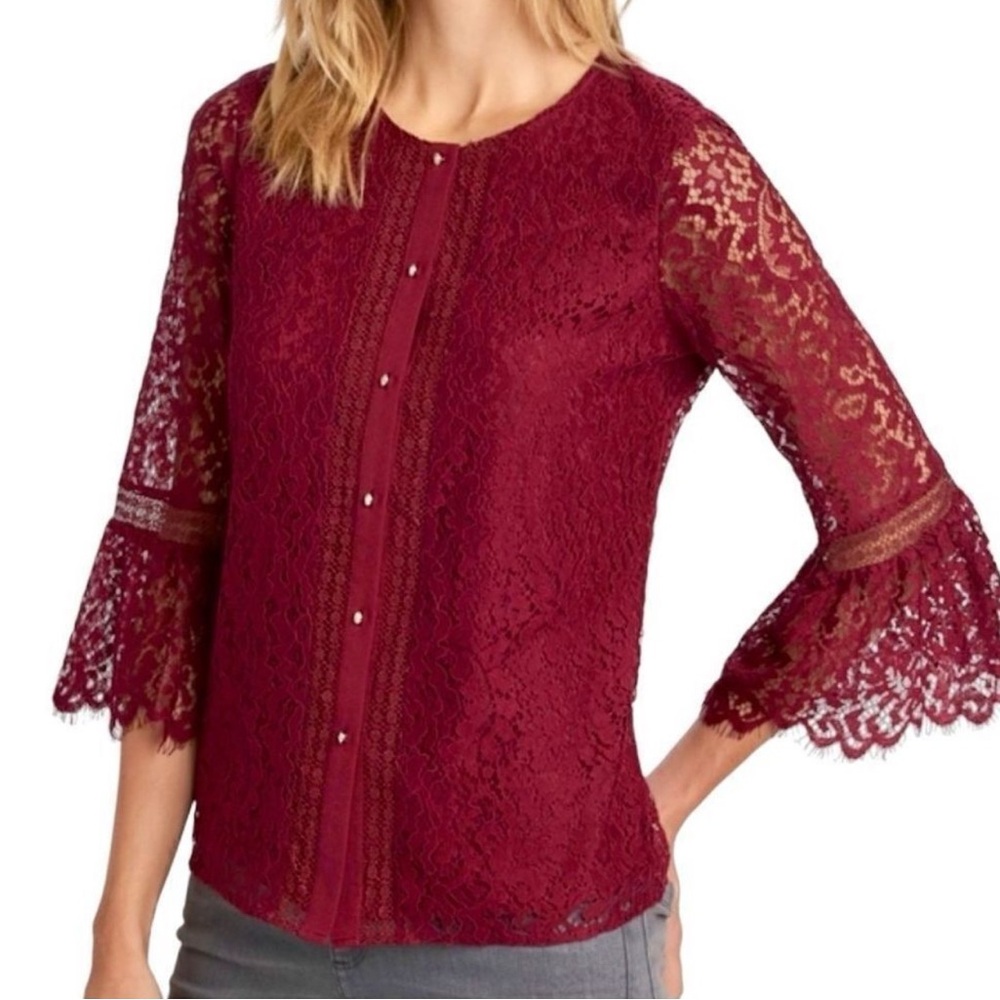 Karl Lagerfeld Burgundy Lace Button Down Bell Sleeve Blouse Women’s Size XL